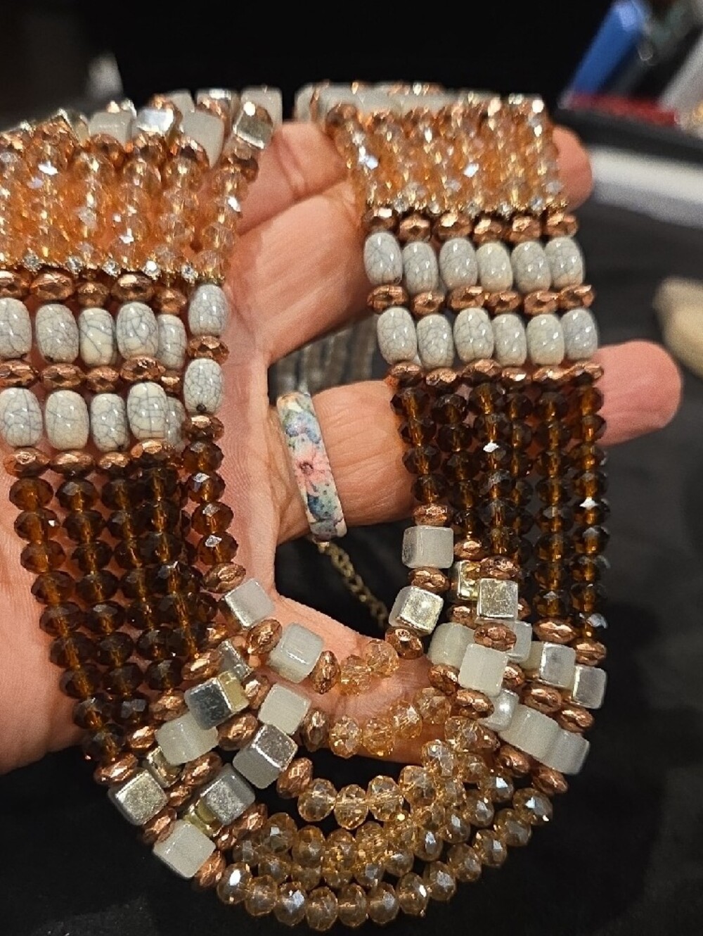 Handcrafted Multi-Strand Beaded Necklace in Rose Gold and White - Picture 6 of 6